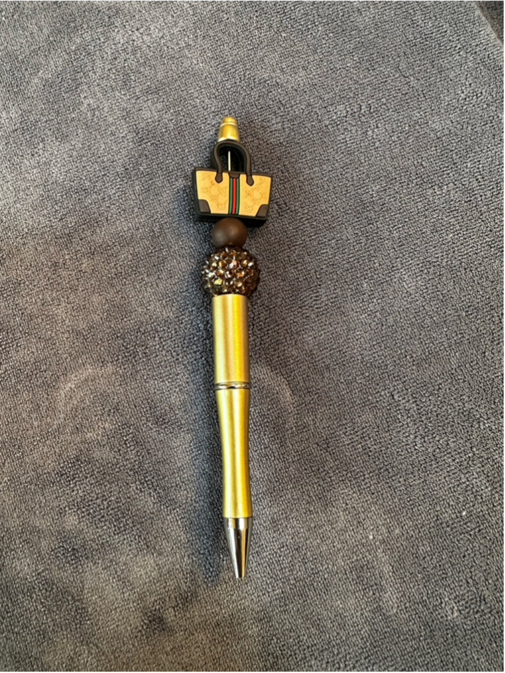 Fashion Handmade Beaded Gold and Brown Pen with Basket Purse Charm